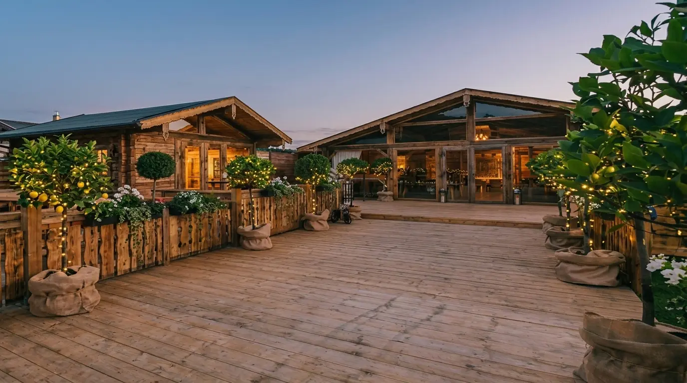 Beleuchtete Chalets und Hütten von TOPRIDE in Abendstimmung auf einem Veranstaltungsgelände