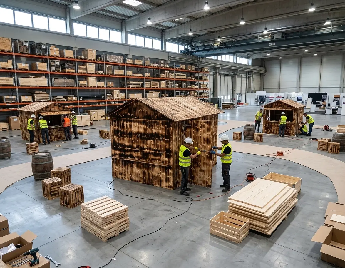 Montageteam von TOPRIDE beim Aufbau von Holzhütten in der eigenen Halle