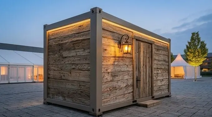 WC-Container mit Holzverkleidung im Almlook auf einem Veranstaltungsgelände
